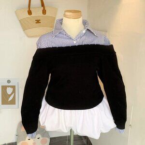 Layered Collared Black Sweater Striped Detail